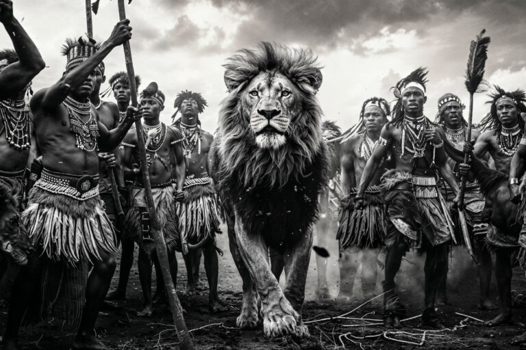 Tableau mural lion et tribu africaine