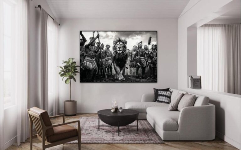 Wandbild Löwe und afrikanischer Stamm