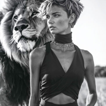 Black and white acrylic glass photo of beautiful woman and lion