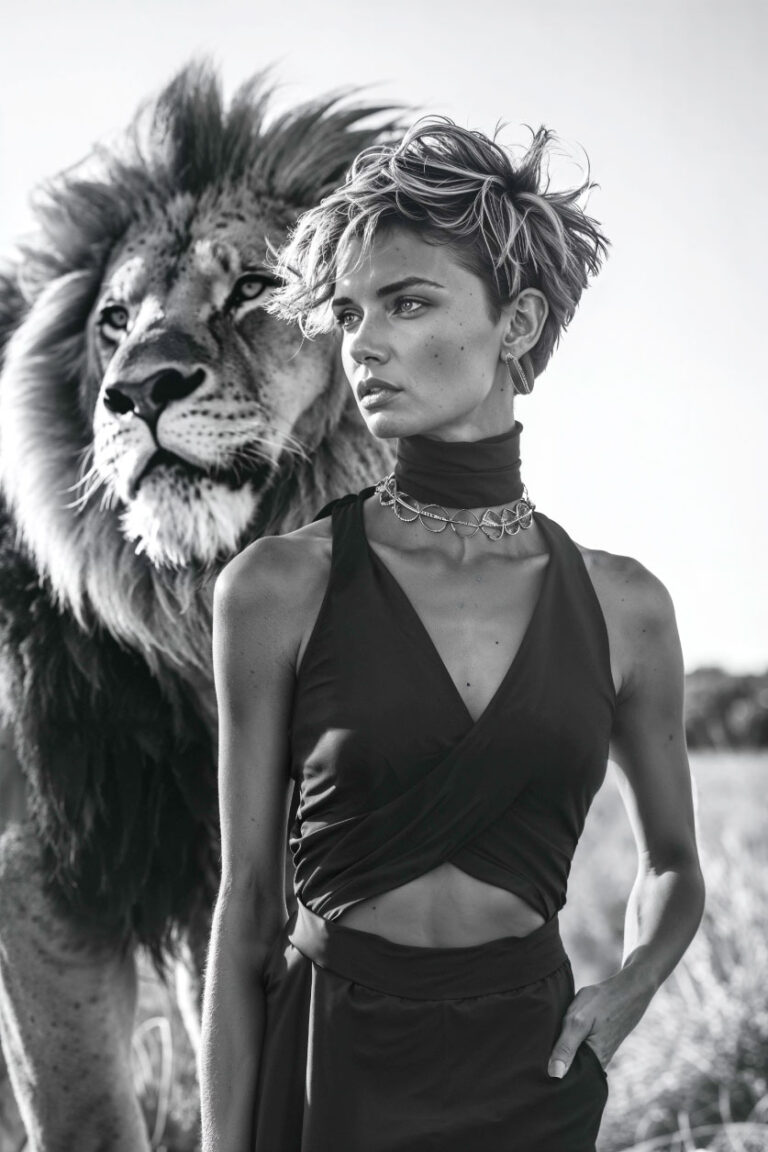 Schwarz-weißes Acrylglasfoto einer schönen Frau und eines Löwen