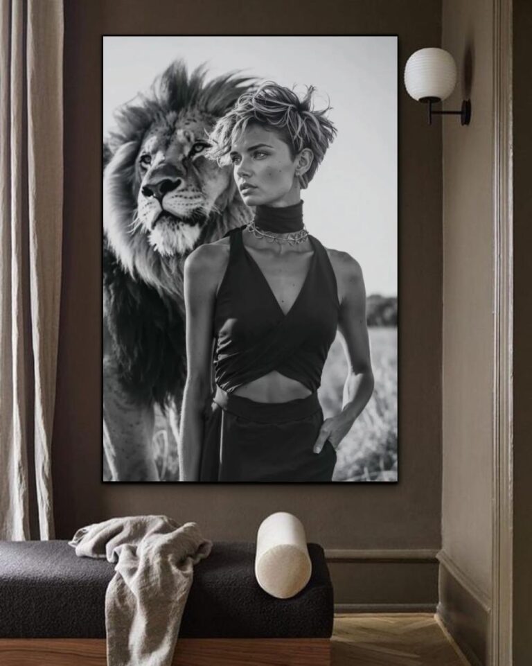 sound absorbing painting beautiful woman and lion