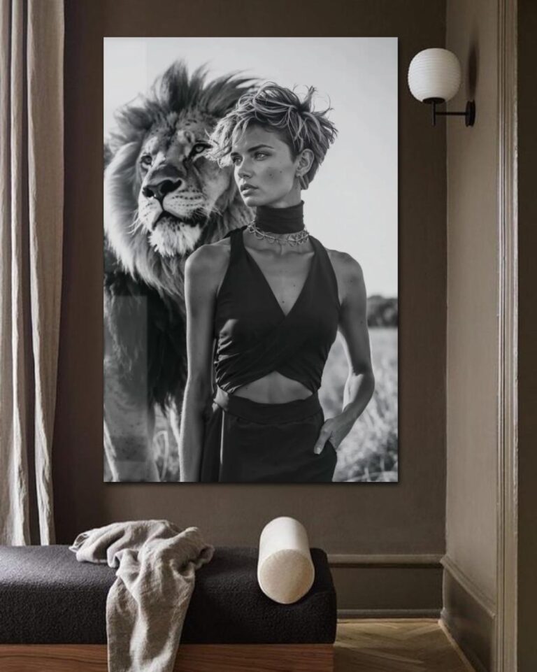 Schwarz-weißes Acrylglasfoto einer schönen Frau und eines Löwen