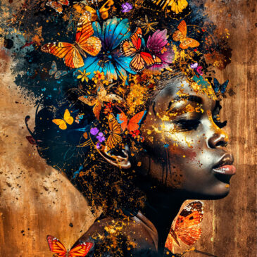 Fotografía artística de una mujer africana con mariposas.