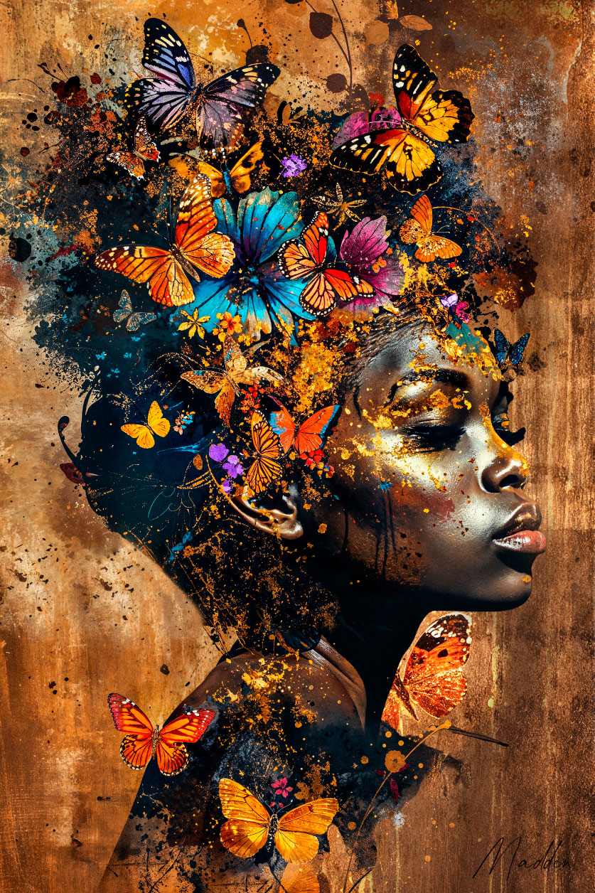 Fotografía artística de una mujer africana con mariposas.